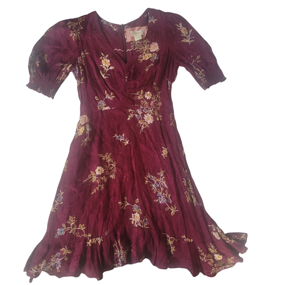Maeve Anthropologie Burgundy Jacquard Floral Cottagecore Ruffle Mini Dress  00P